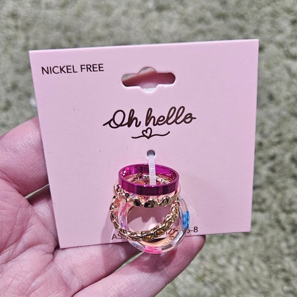 Oh Hello Floral Resin Gold Tone Stackable Ring Set Size 6-8 Y2K Kidcore NWT